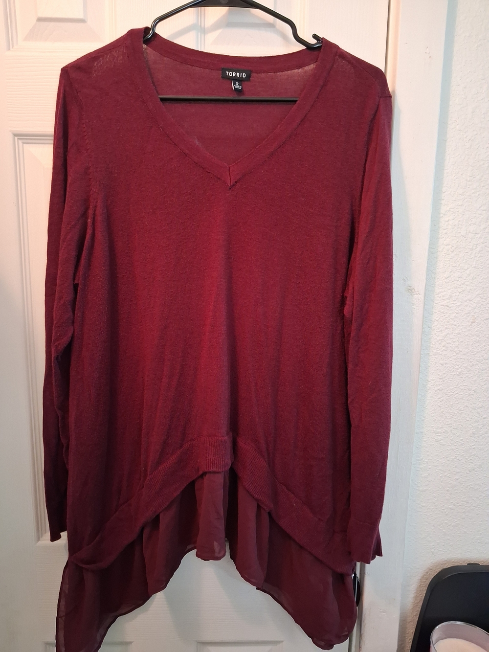 torrid Maroon V-Neck Long Sleeve Top with Layered Hem